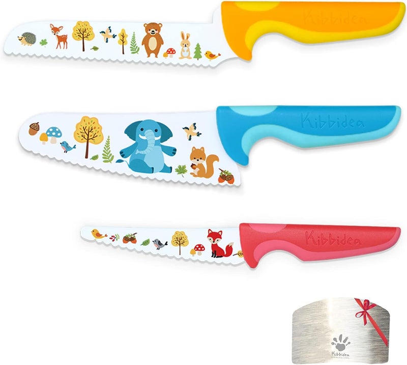 Kibbidea Kids Knife Set for Real Cooking, 4pcs Kids Safe Kitchen Cutting Knives, Stainless Steel Blades, Children First Starter knife, BPA-free (Multicolor) - Image 1